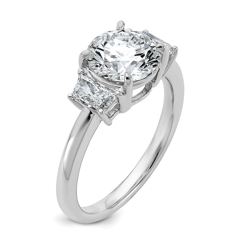 14K Yellow Or White Gold Certified Lab Grown Diamond VS+ F+ Round with Trapezoid Sidestones Complete Engagement Ring