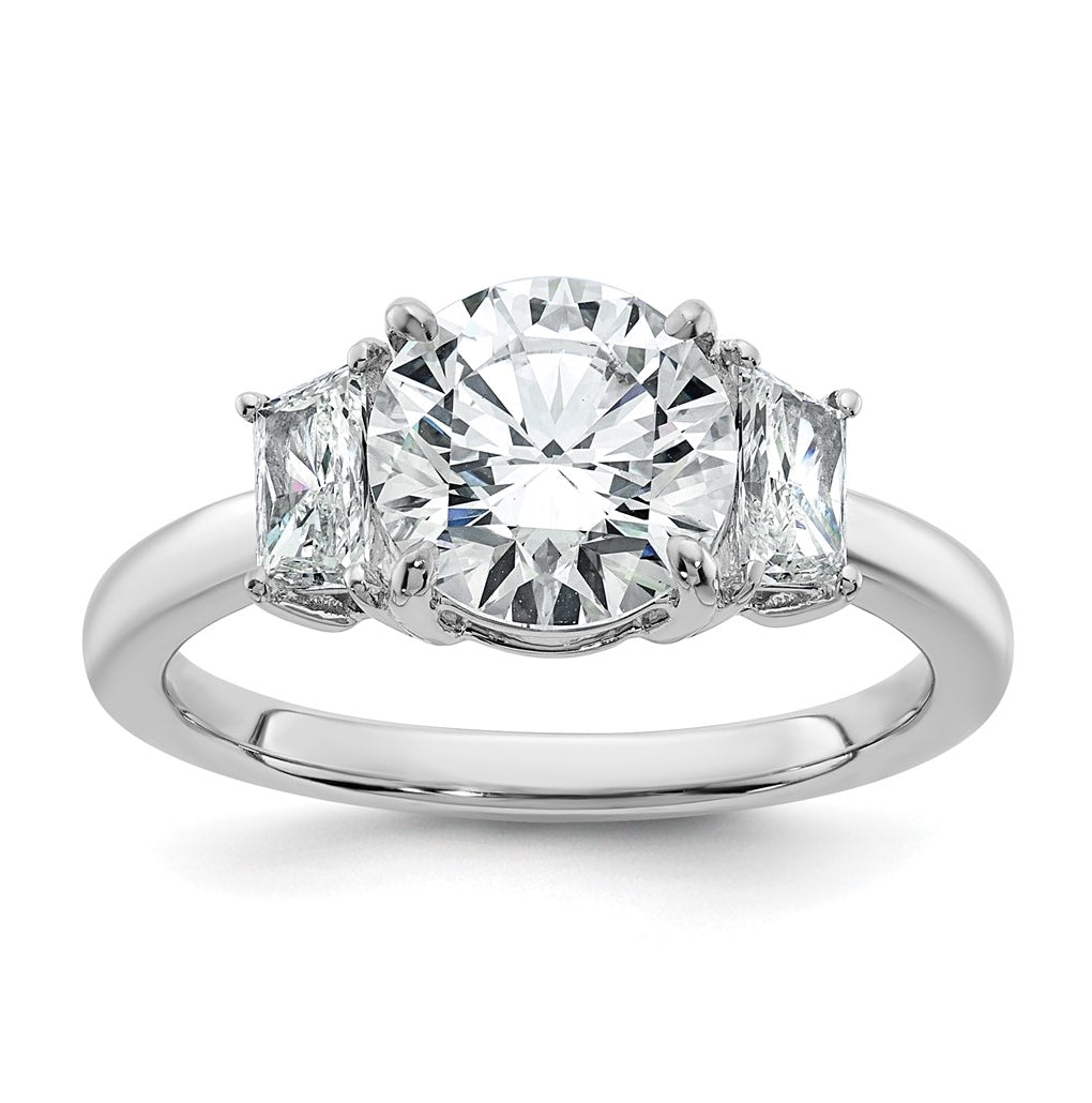 14K Yellow Or White Gold Certified Lab Grown Diamond VS+ F+ Round with Trapezoid Sidestones Complete Engagement Ring