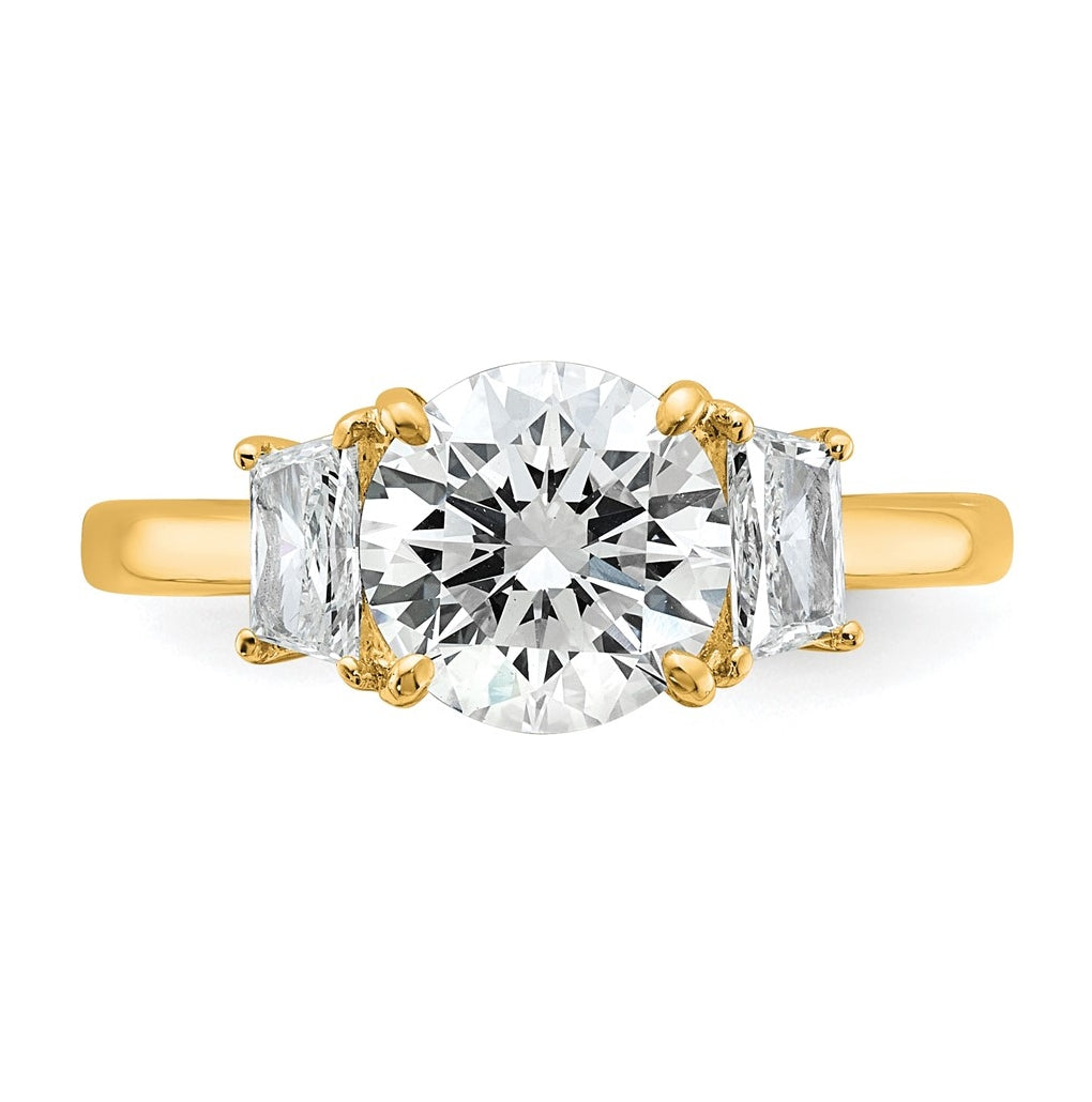 14K Yellow Or White Gold Certified Lab Grown Diamond VS+ F+ Round with Trapezoid Sidestones Complete Engagement Ring
