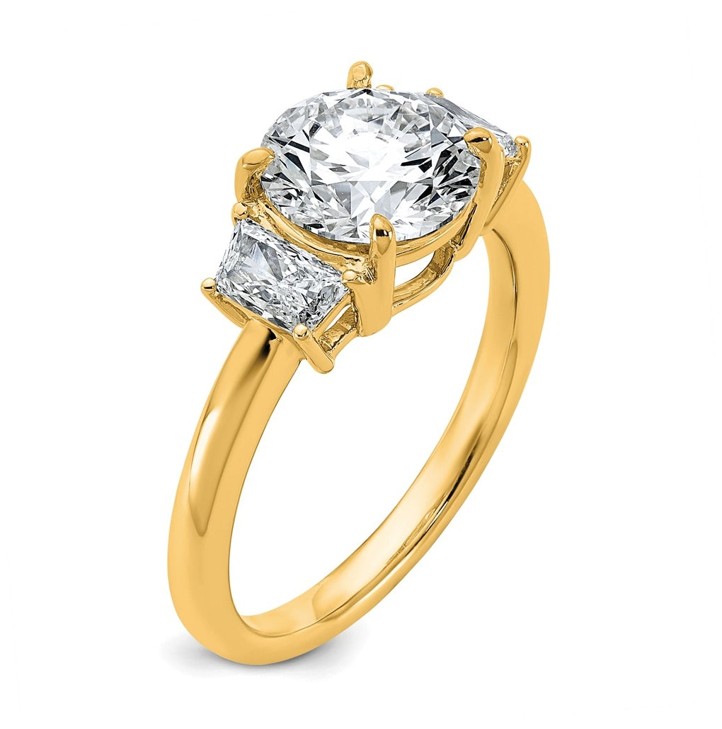14K Yellow Or White Gold Lab Grown Diamond VS+ F+ Round with Trapezoid Sidestones Complete Engagement Ring