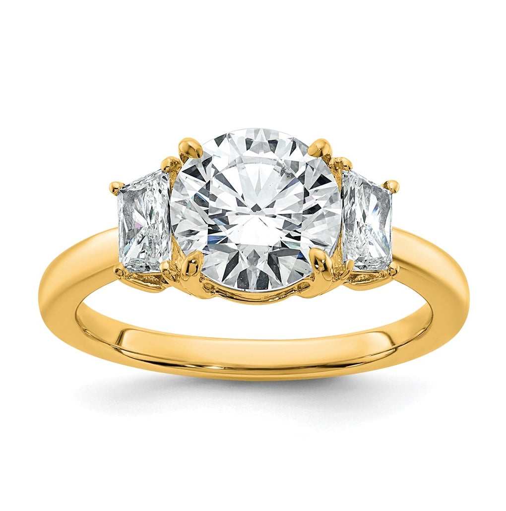 14K Yellow Or White Gold Certified Lab Grown Diamond VS+ F+ Round with Trapezoid Sidestones Complete Engagement Ring