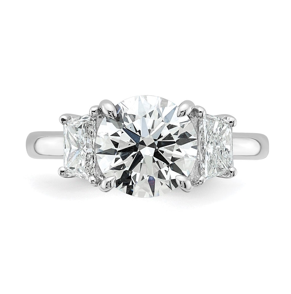 14K Yellow Or White Gold Certified Lab Grown Diamond VS+ F+ Round with Trapezoid Sidestones Complete Engagement Ring