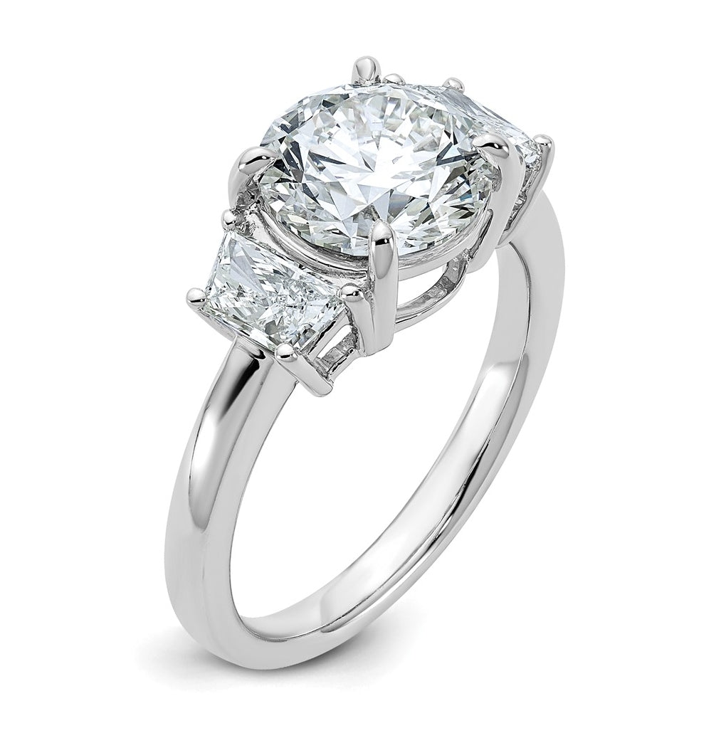 14K Yellow Or White Gold Certified Lab Grown Diamond VS+ F+ Round with Trapezoid Sidestones Complete Engagement Ring