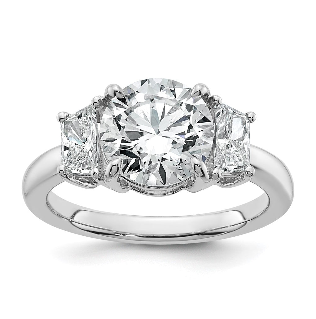 14K Yellow Or White Gold Certified Lab Grown Diamond VS+ F+ Round with Trapezoid Sidestones Complete Engagement Ring