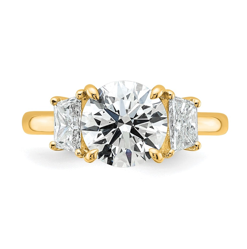 14K Yellow Or White Gold Certified Lab Grown Diamond VS+ F+ Round with Trapezoid Sidestones Complete Engagement Ring