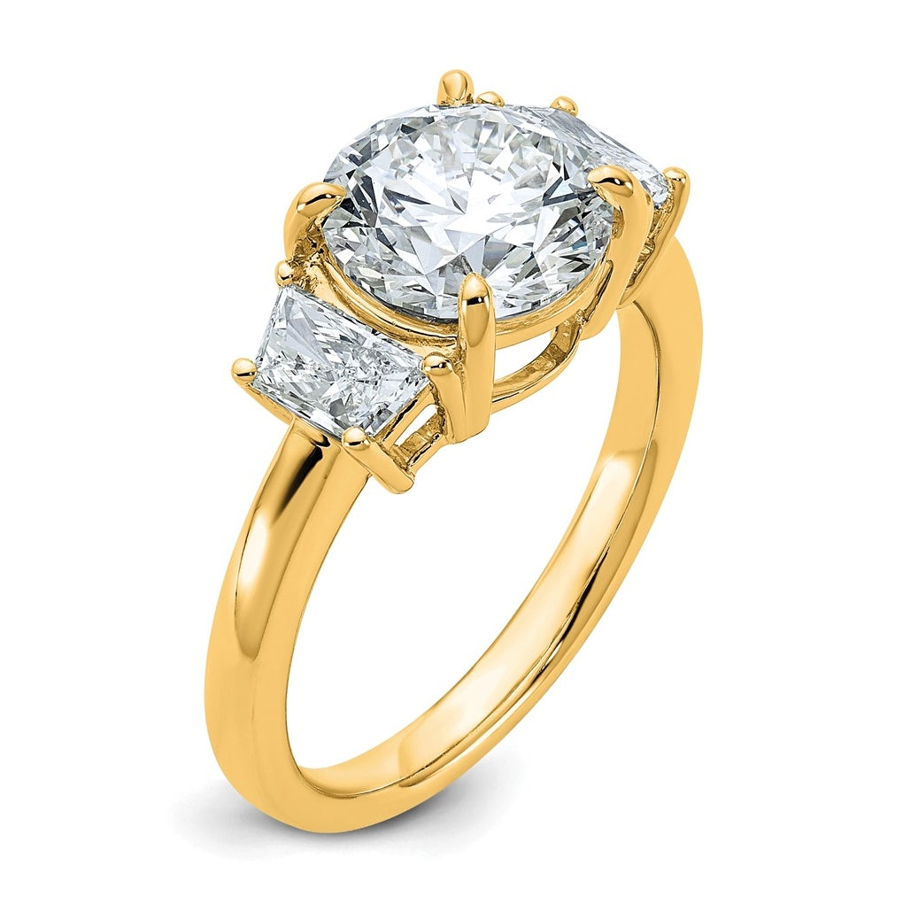 14K Yellow Or White Gold Lab Grown Diamond VS+ F+ Round with Trapezoid Sidestones Complete Engagement Ring
