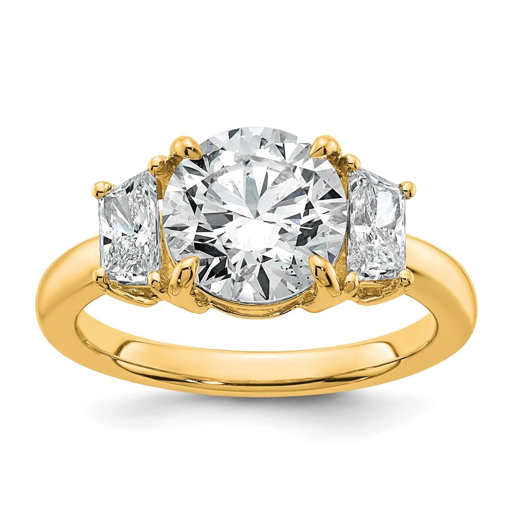 14K Yellow Or White Gold Certified Lab Grown Diamond VS+ F+ Round with Trapezoid Sidestones Complete Engagement Ring