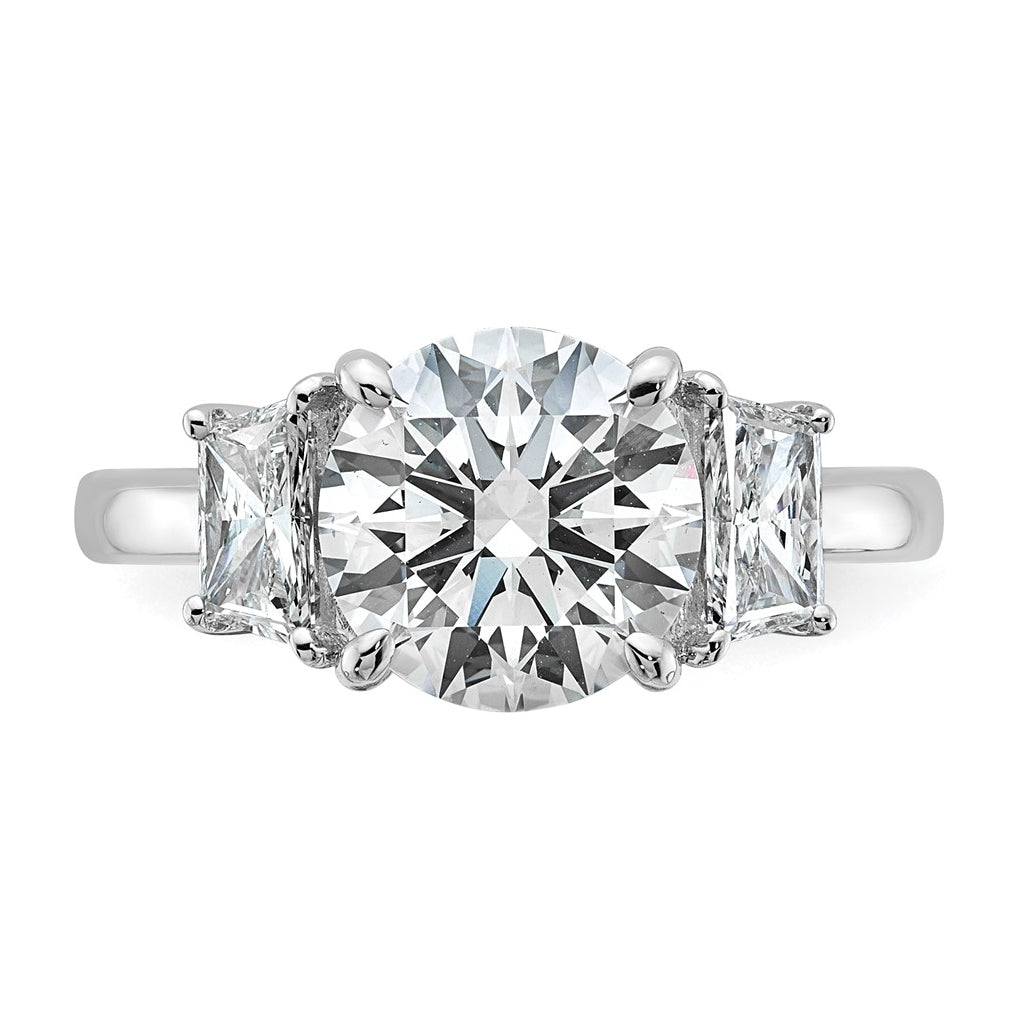 14K Yellow Or White Gold Certified Lab Grown Diamond VS+ F+ Round with Trapezoid Sidestones Complete Engagement Ring