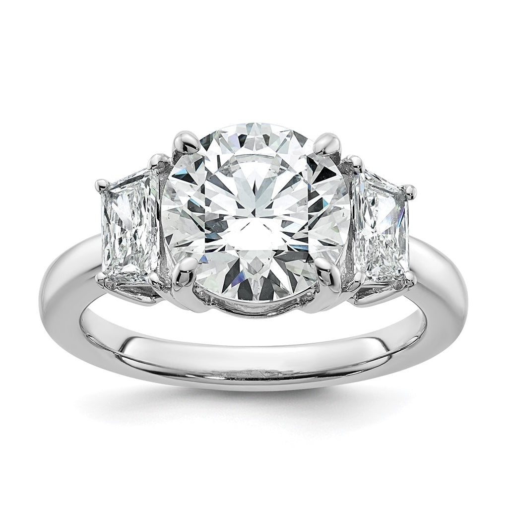 14K Yellow Or White Gold Certified Lab Grown Diamond VS+ F+ Round with Trapezoid Sidestones Complete Engagement Ring