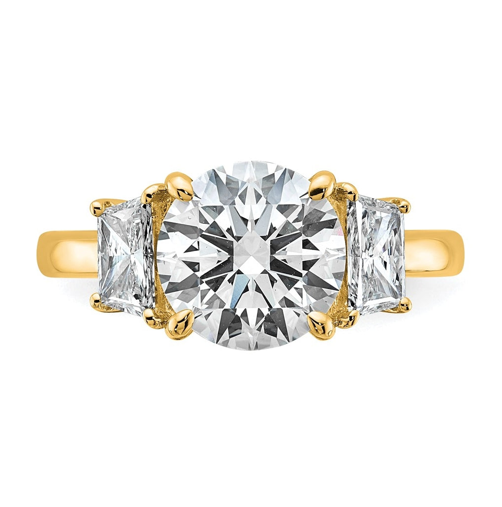 14K Yellow Or White Gold Certified Lab Grown Diamond VS+ F+ Round with Trapezoid Sidestones Complete Engagement Ring