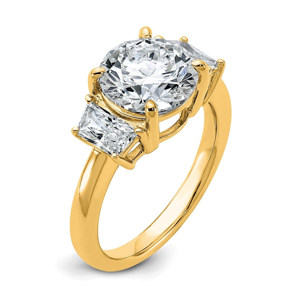 14K Yellow Or White Gold Certified Lab Grown Diamond VS+ F+ Round with Trapezoid Sidestones Complete Engagement Ring