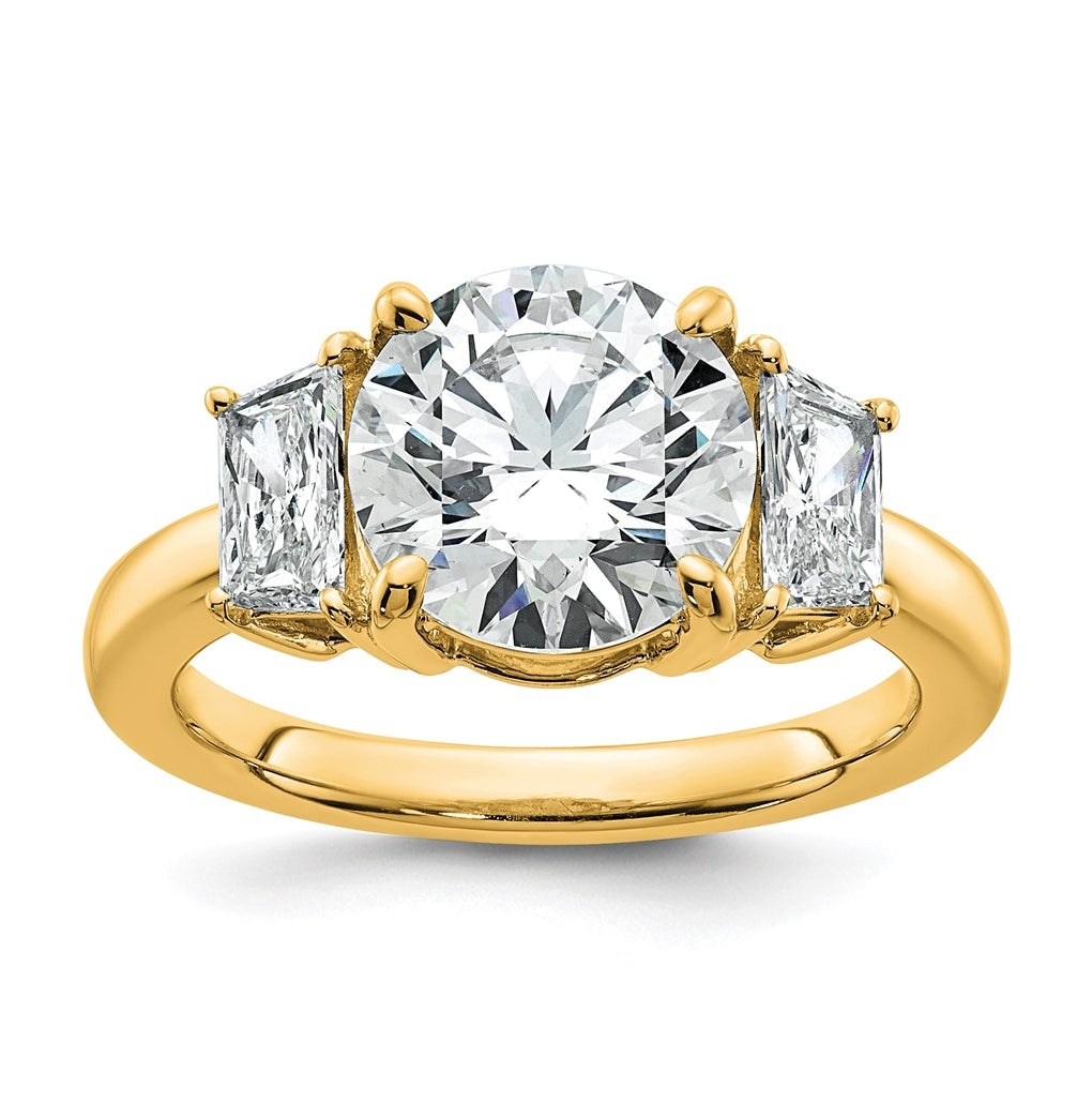 14K Yellow Or White Gold Certified Lab Grown Diamond VS+ F+ Round with Trapezoid Sidestones Complete Engagement Ring
