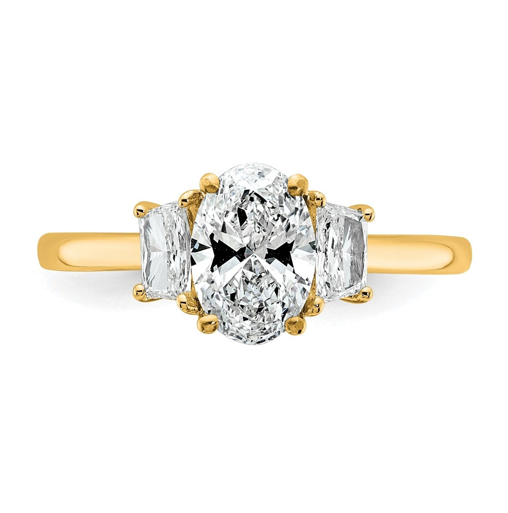 14k Yellow Gold 1 3/8 carat Certified Lab Grown Diamond VS+ F+ Oval and Trapezoid Complete Three Stone Engagement Ring