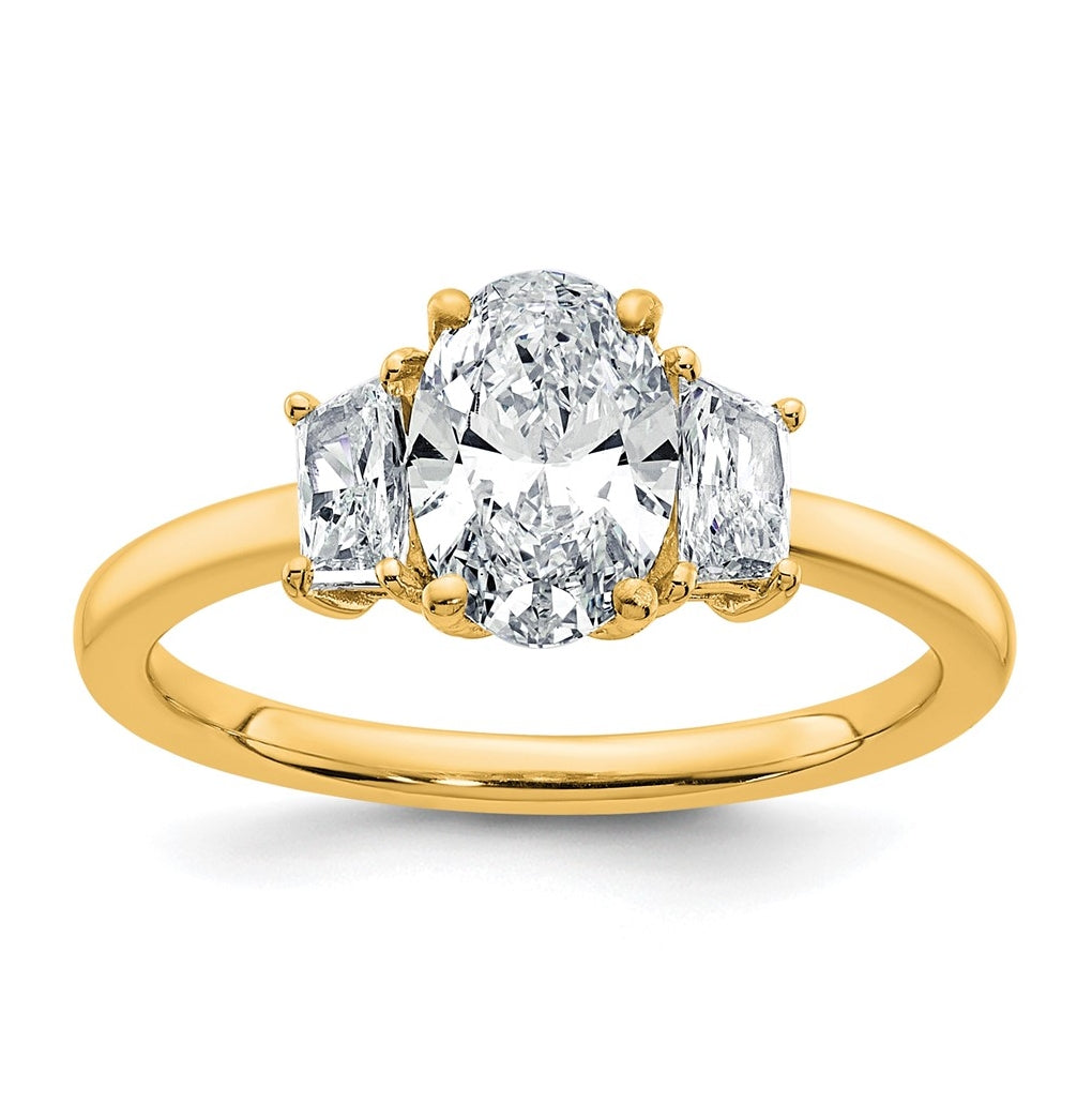 14k Yellow Gold 1 3/8 carat Certified Lab Grown Diamond VS+ F+ Oval and Trapezoid Complete Three Stone Engagement Ring