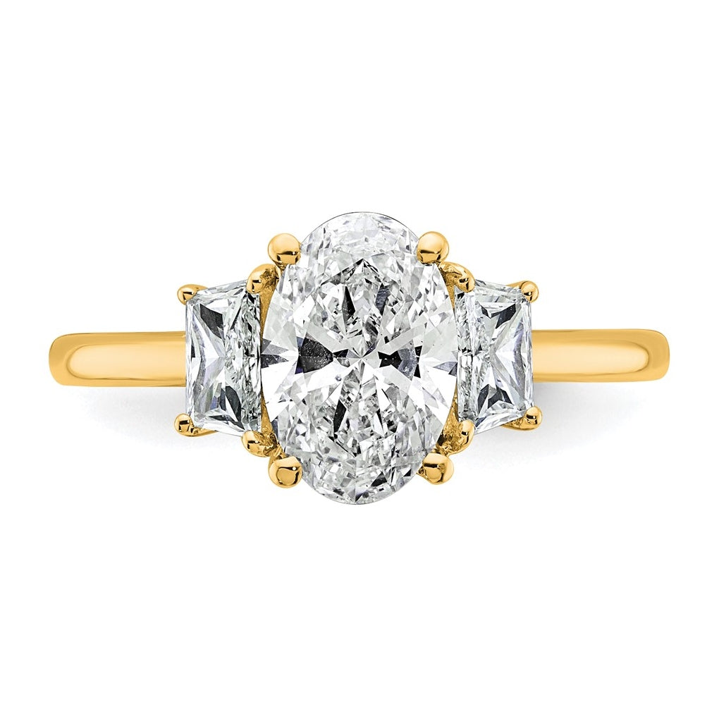 14k Yellow Gold 2 carat Certified Lab Grown Diamond VS+ F+ Oval and Trapezoid Complete Three Stone Engagement Ring