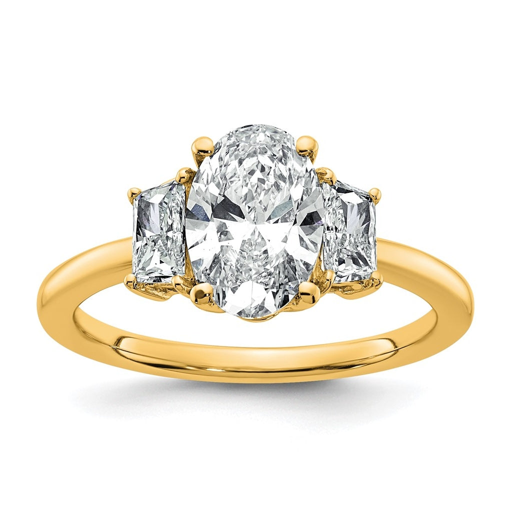 14k Yellow Gold 2 carat Certified Lab Grown Diamond VS+ F+ Oval and Trapezoid Complete Three Stone Engagement Ring