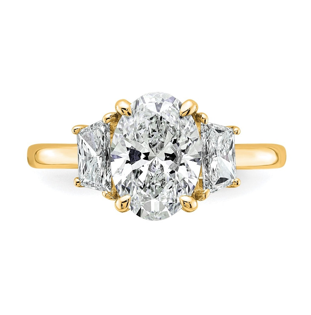 14k Yellow Gold 2 3/4 carat Certified Lab Grown Diamond VS+ F+ Oval and Trapezoid Complete Three Stone Engagement Ring