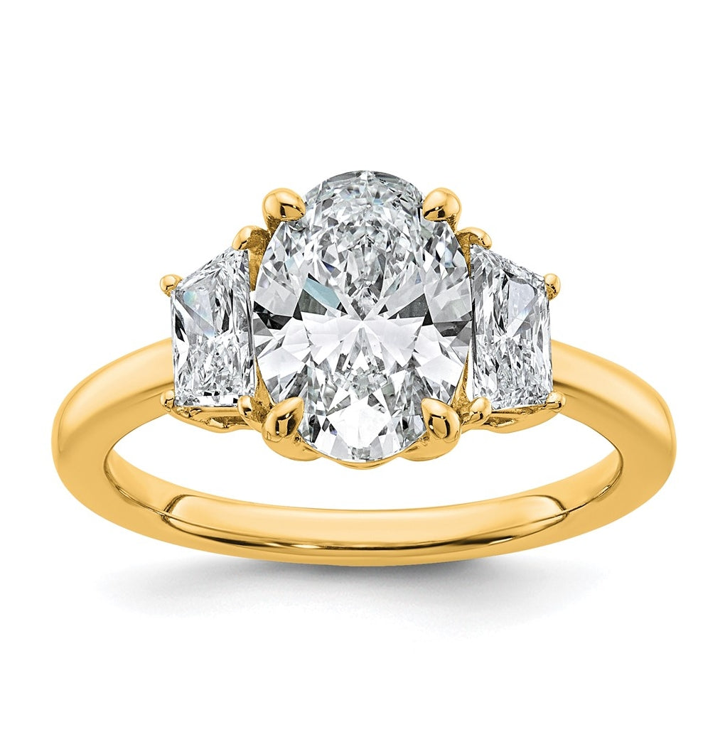 14k Yellow Gold 2 3/4 carat Certified Lab Grown Diamond VS+ F+ Oval and Trapezoid Complete Three Stone Engagement Ring