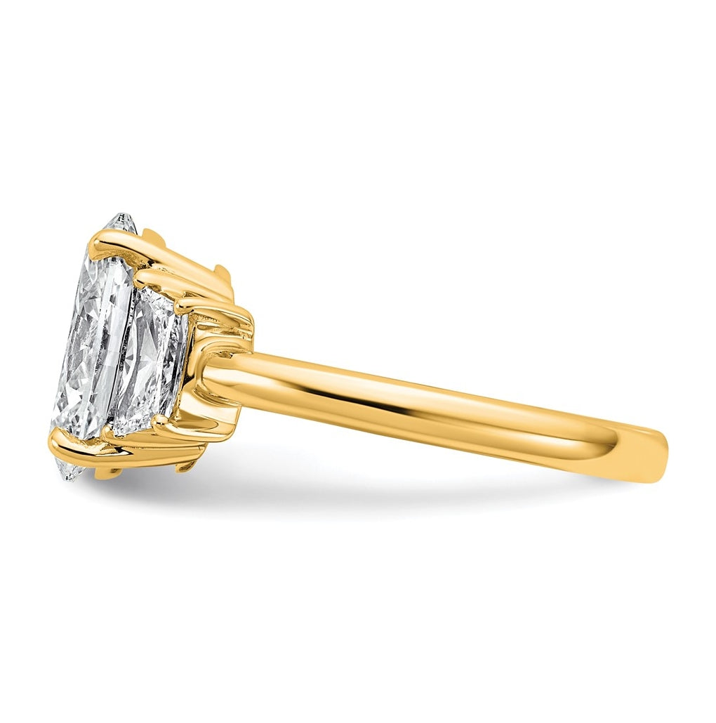 14k Yellow Gold 3 1/3 carat Certified Lab Grown Diamond VS+ F+ Oval and Trapezoid Complete Three Stone Engagement Ring