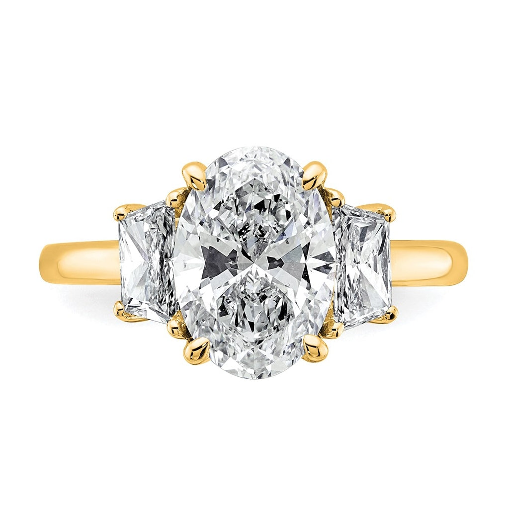 14k Yellow Gold 3 1/3 carat Certified Lab Grown Diamond VS+ F+ Oval and Trapezoid Complete Three Stone Engagement Ring