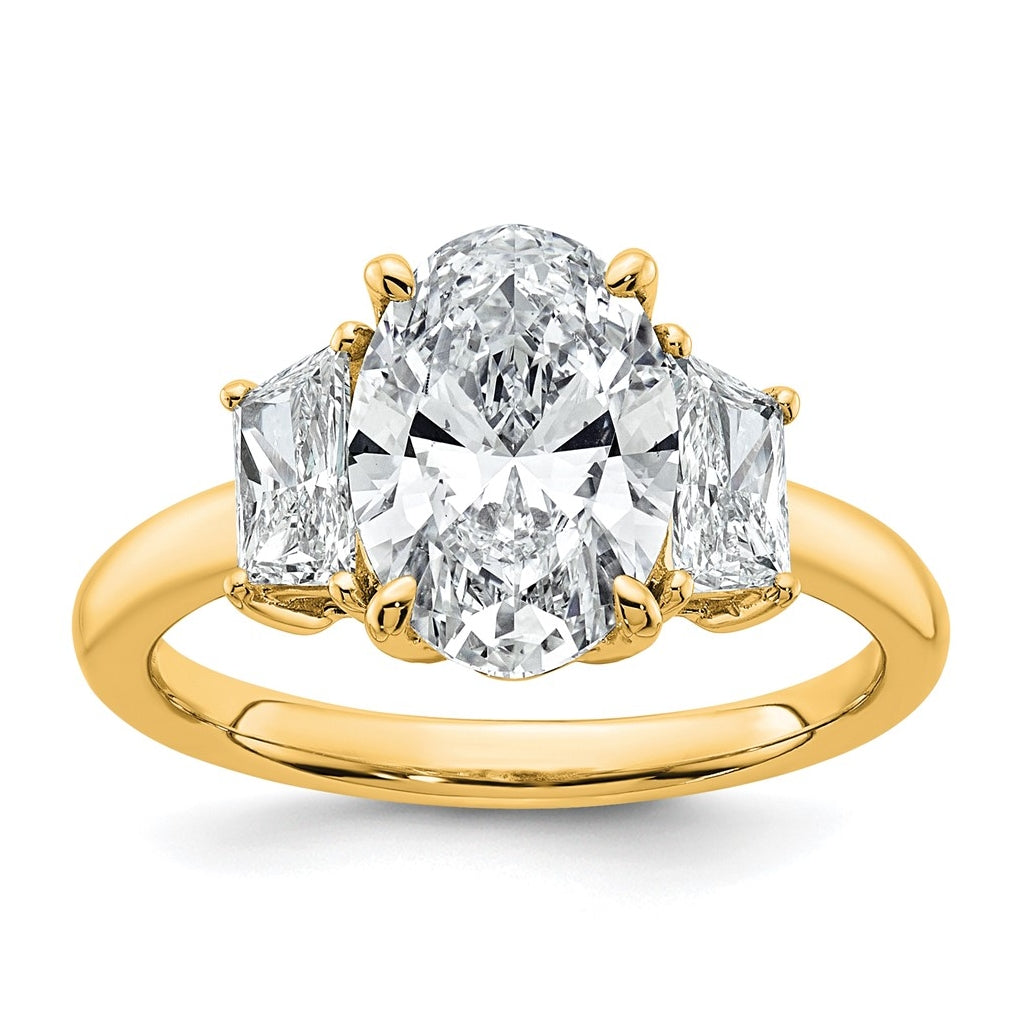 14k Yellow Gold 3 1/3 carat Certified Lab Grown Diamond VS+ F+ Oval and Trapezoid Complete Three Stone Engagement Ring