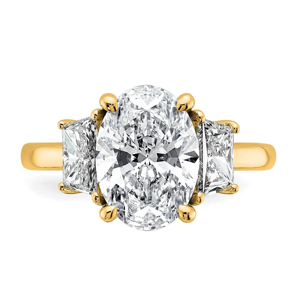 14k Yellow Gold 4 carat Certified Lab Grown Diamond VS+ F+ Oval and Trapezoid Complete Three Stone Engagement Ring