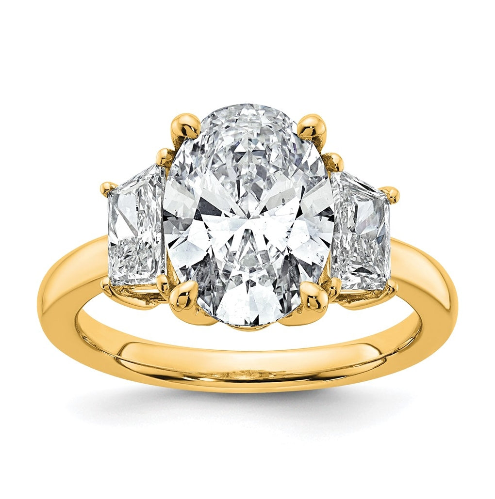 14k Yellow Gold 4 carat Certified Lab Grown Diamond VS+ F+ Oval and Trapezoid Complete Three Stone Engagement Ring