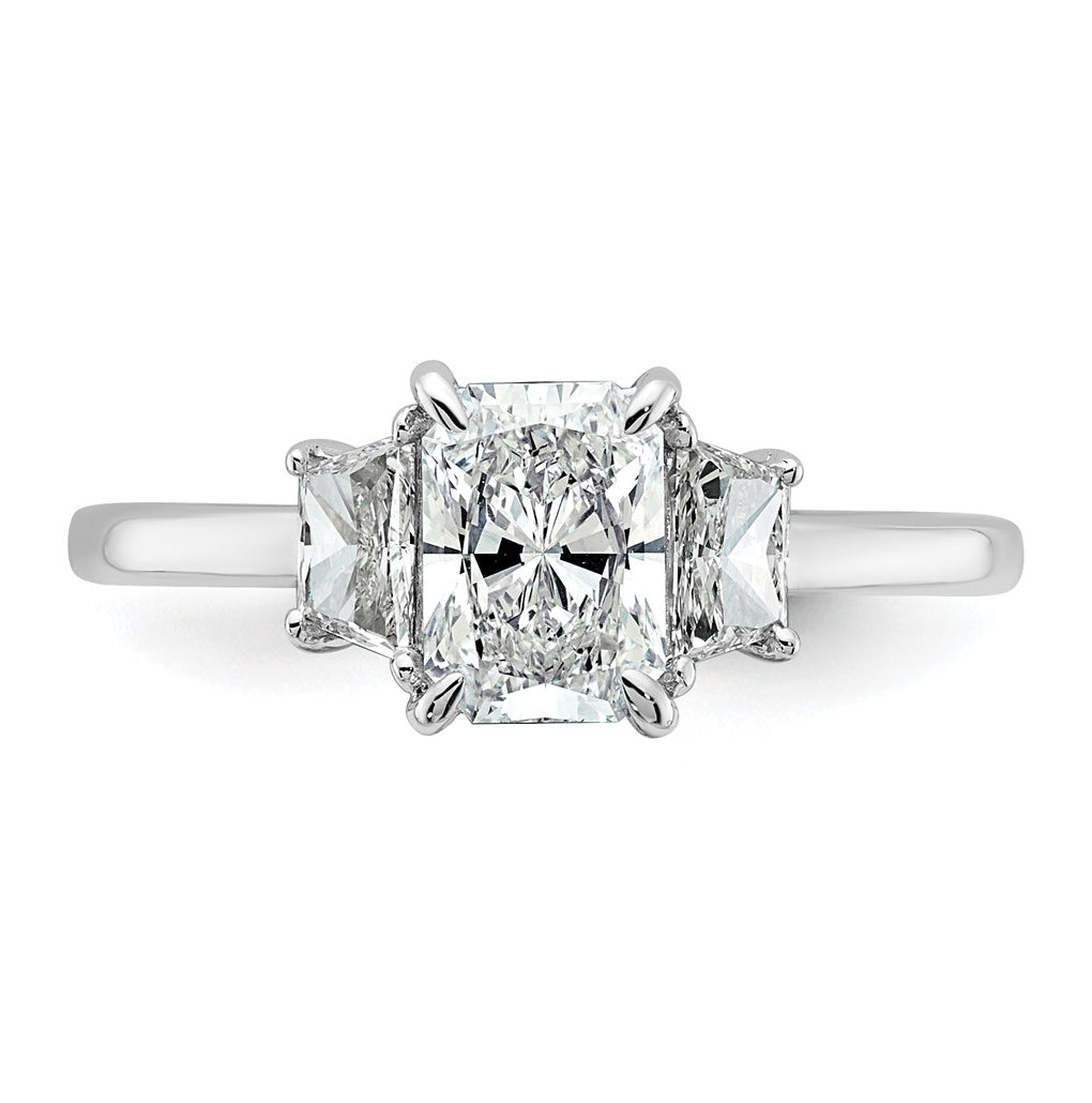 14k White Gold 1 3/8 carat Certified Lab Grown Diamond VS+ F+ Radiant and Trapezoid Complete Three Stone Engagement Ring
