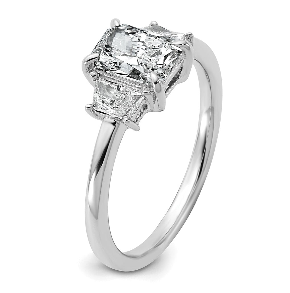 14k White Gold 1 3/8 carat Certified Lab Grown Diamond VS+ F+ Radiant and Trapezoid Complete Three Stone Engagement Ring