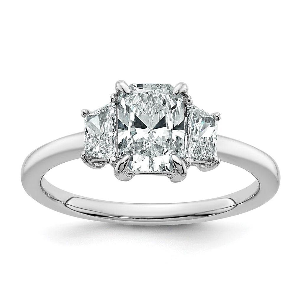 14k White Gold 1 3/8 carat Certified Lab Grown Diamond VS+ F+ Radiant and Trapezoid Complete Three Stone Engagement Ring