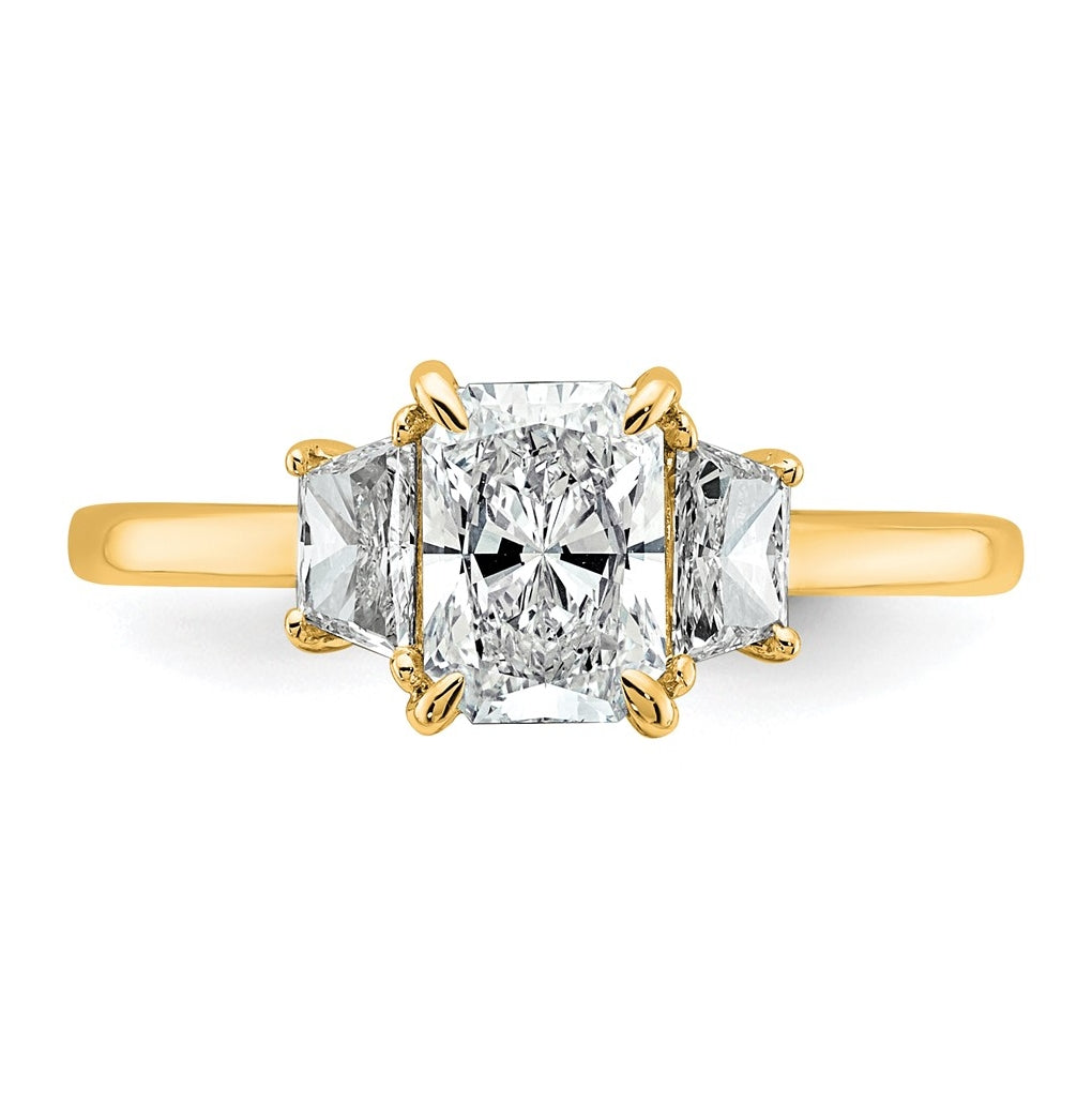 14k Yellow Gold 1 3/8 carat Certified Lab Grown Diamond VS+ F+ Radiant and Trapezoid Complete Three Stone Engagement Ring
