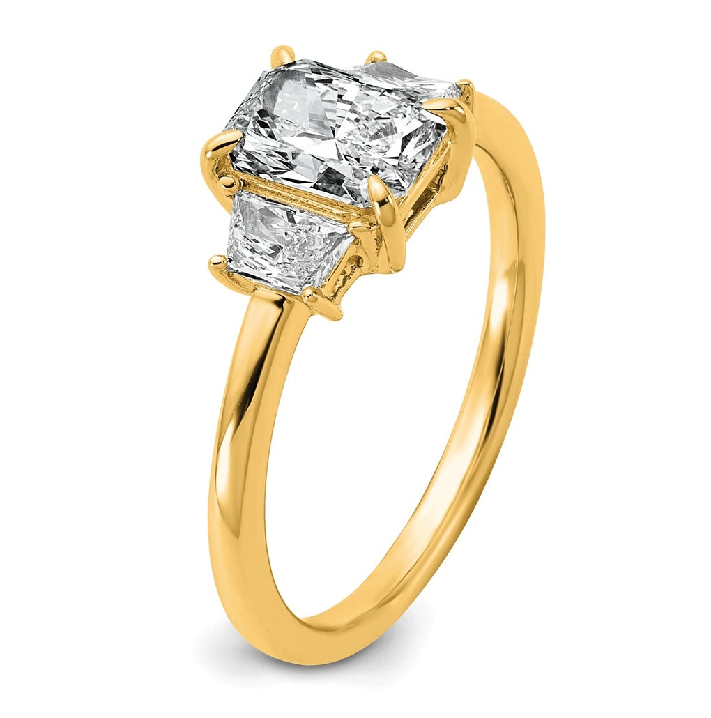 14k Yellow Gold 1 3/8 carat Certified Lab Grown Diamond VS+ F+ Radiant and Trapezoid Complete Three Stone Engagement Ring
