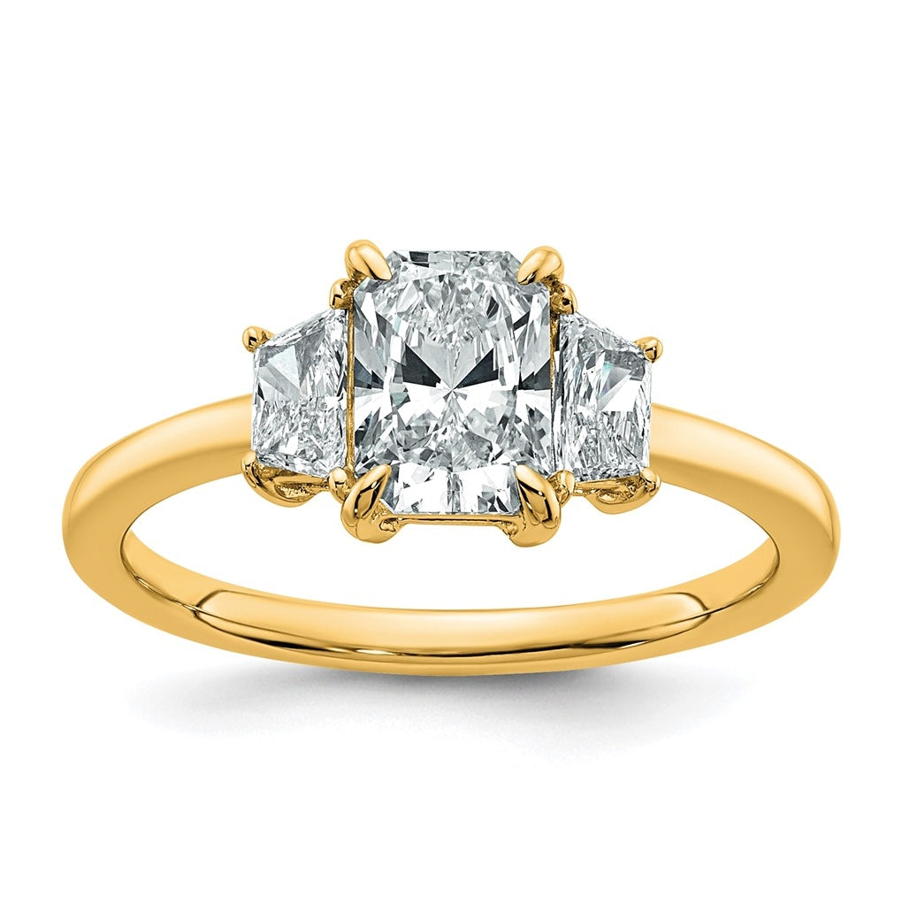 14k Yellow Gold 1 3/8 carat Certified Lab Grown Diamond VS+ F+ Radiant and Trapezoid Complete Three Stone Engagement Ring