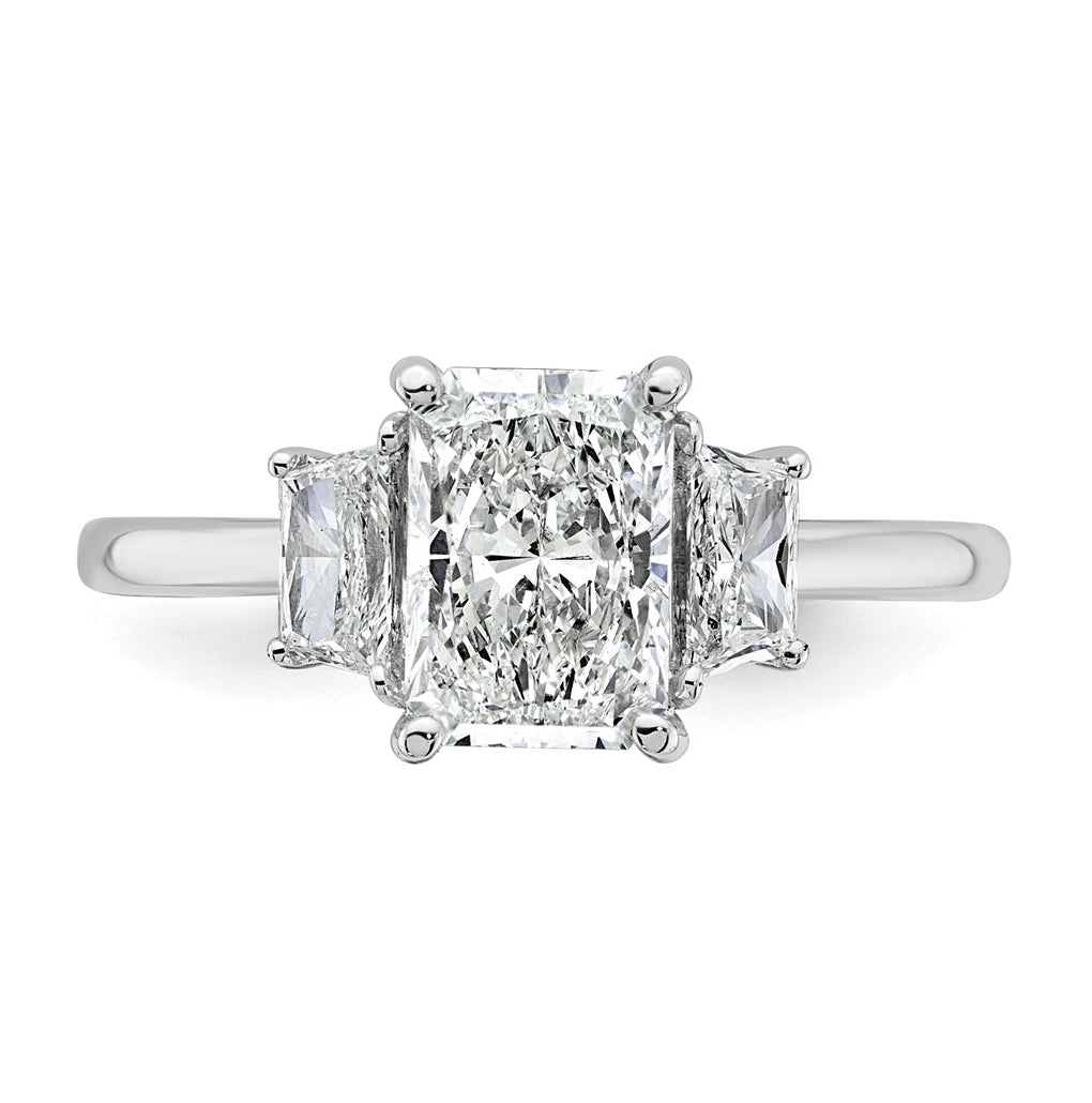 14k White Gold 2 carat Certified Lab Grown Diamond VS+ F+ Radiant and Trapezoid Complete Three Stone Engagement Ring