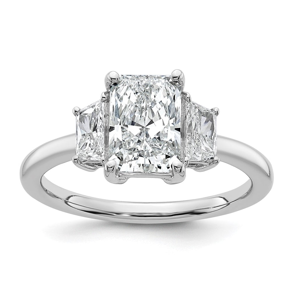 14k White Gold 2 carat Certified Lab Grown Diamond VS+ F+ Radiant and Trapezoid Complete Three Stone Engagement Ring