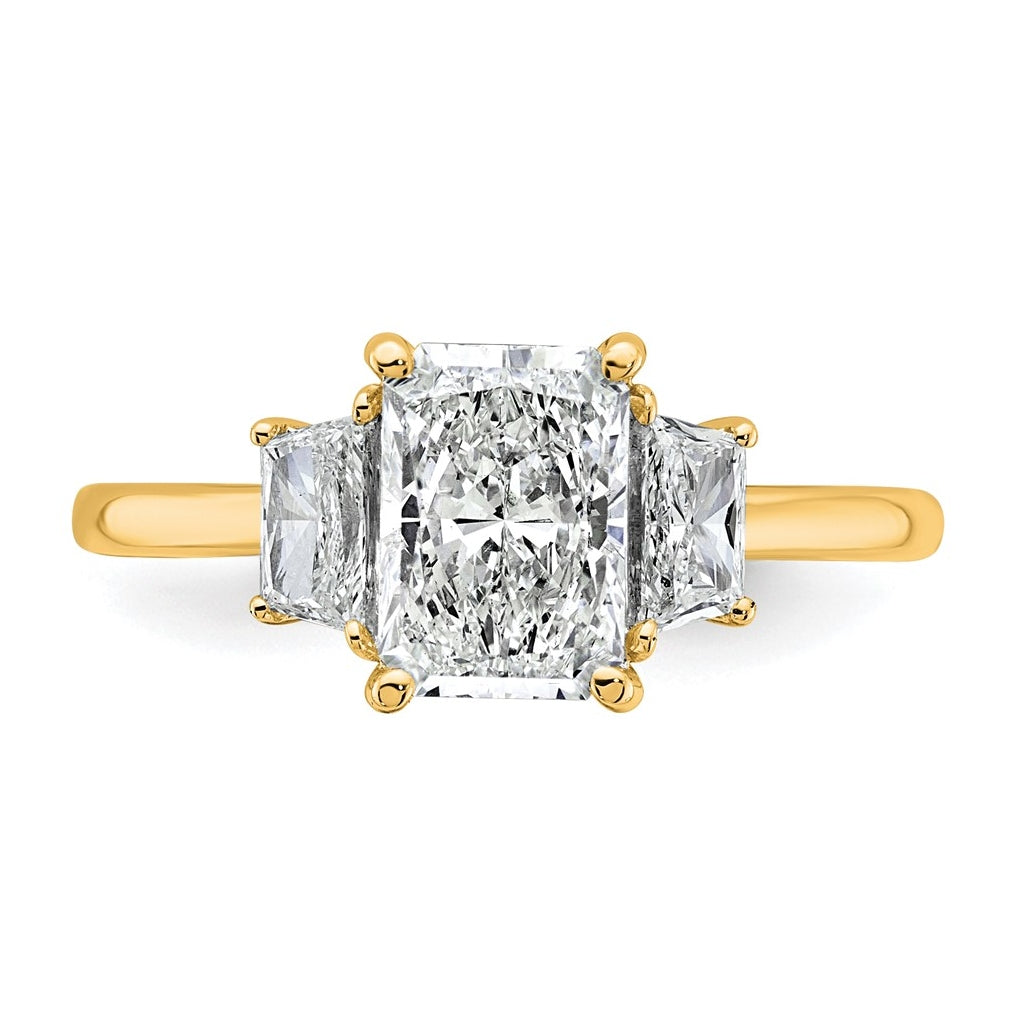 14k Yellow Gold 2 carat Certified Lab Grown Diamond VS+ F+ Radiant and Trapezoid Complete Three Stone Engagement Ring