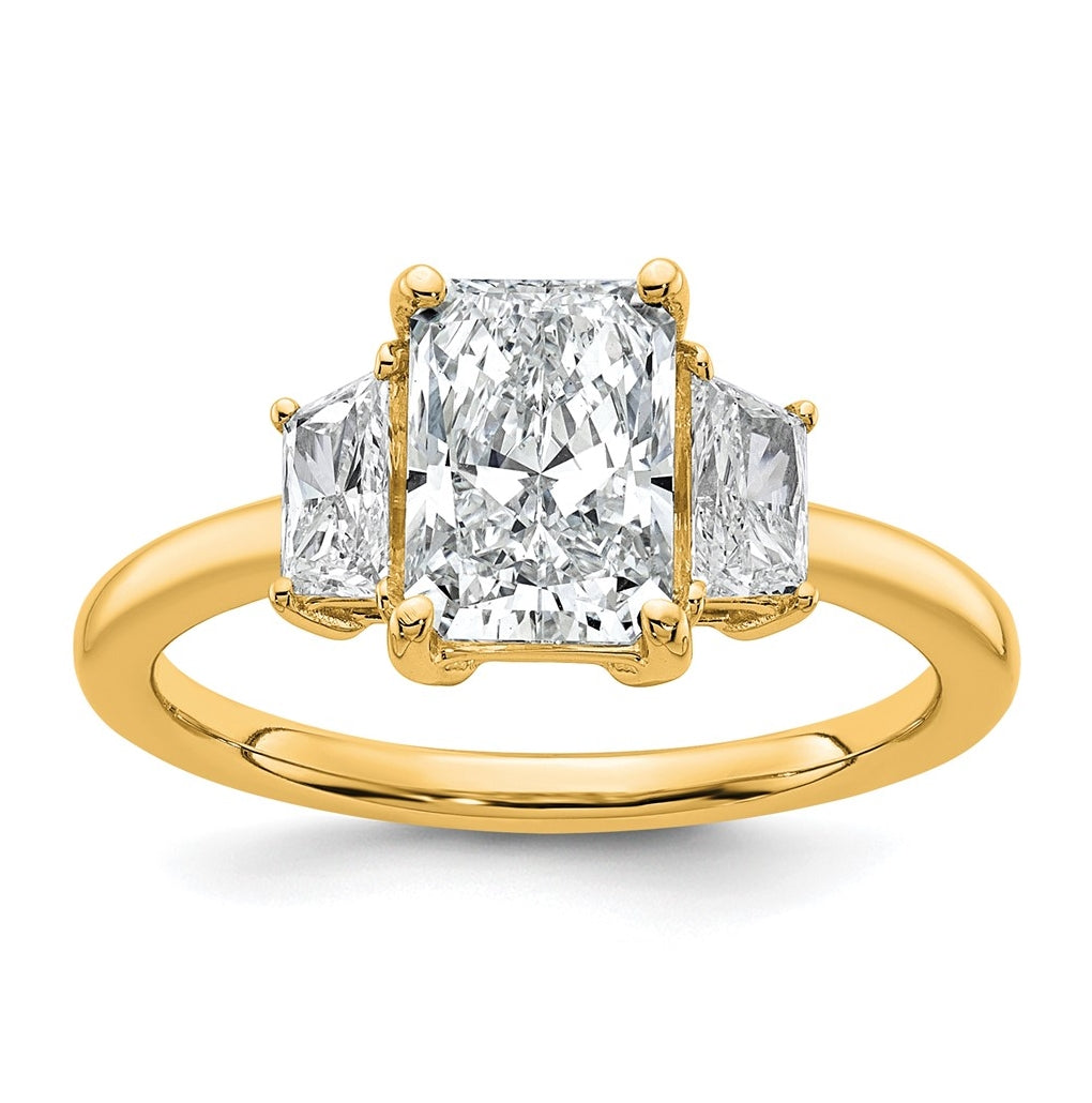 14k Yellow Gold 2 carat Certified Lab Grown Diamond VS+ F+ Radiant and Trapezoid Complete Three Stone Engagement Ring