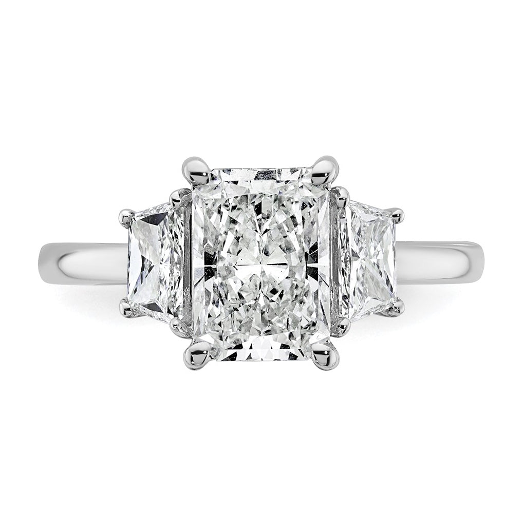 14k White Gold 2 3/4 carat Certified Lab Grown Diamond VS+ F+ Radiant and Trapezoid Complete Three Stone Engagement Ring