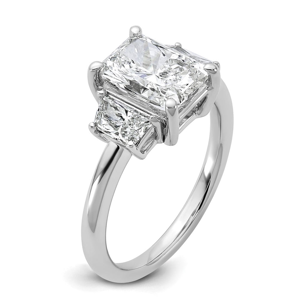 14k White Gold 2 3/4 carat Certified Lab Grown Diamond VS+ F+ Radiant and Trapezoid Complete Three Stone Engagement Ring