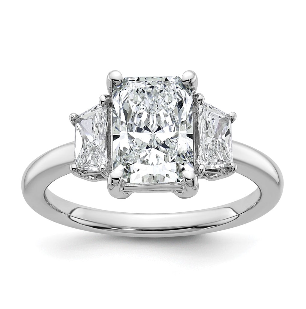 14k White Gold 2 3/4 carat Certified Lab Grown Diamond VS+ F+ Radiant and Trapezoid Complete Three Stone Engagement Ring