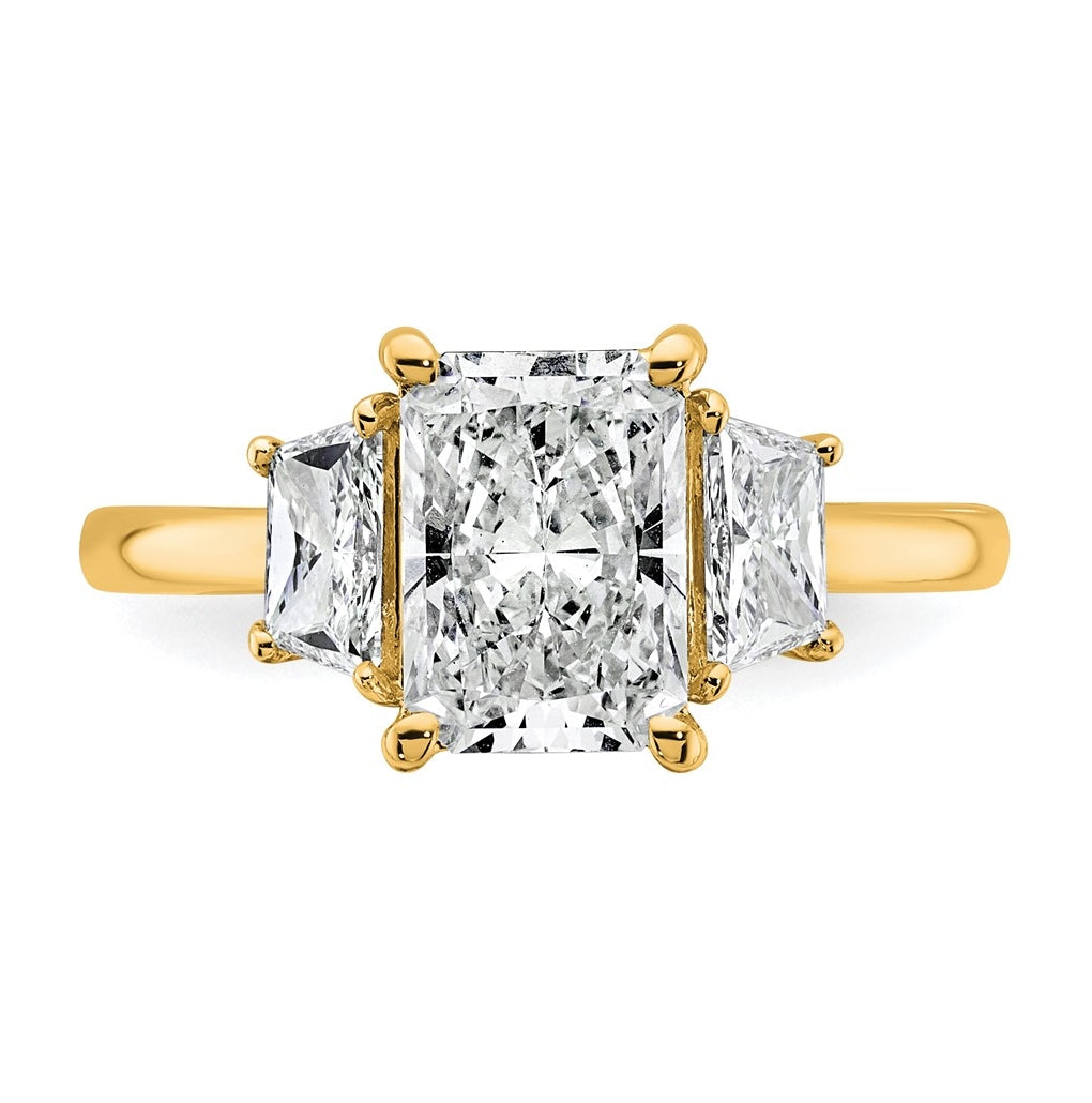 14k Yellow Gold 2 3/4 carat Certified Lab Grown Diamond VS+ F+ Radiant and Trapezoid Complete Three Stone Engagement Ring