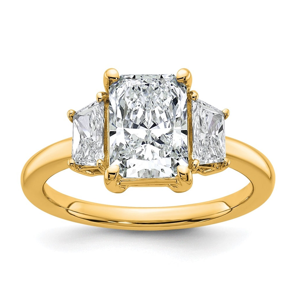 14k Yellow Gold 2 3/4 carat Certified Lab Grown Diamond VS+ F+ Radiant and Trapezoid Complete Three Stone Engagement Ring