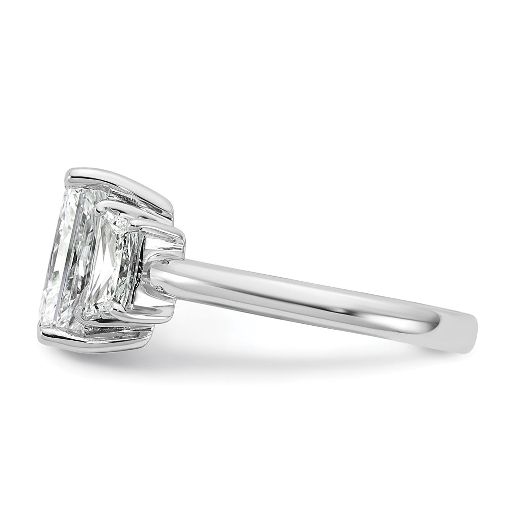 14k White Gold 3 1/3 carat Certified Lab Grown Diamond VS+ F+ Radiant and Trapezoid Complete Three Stone Engagement Ring