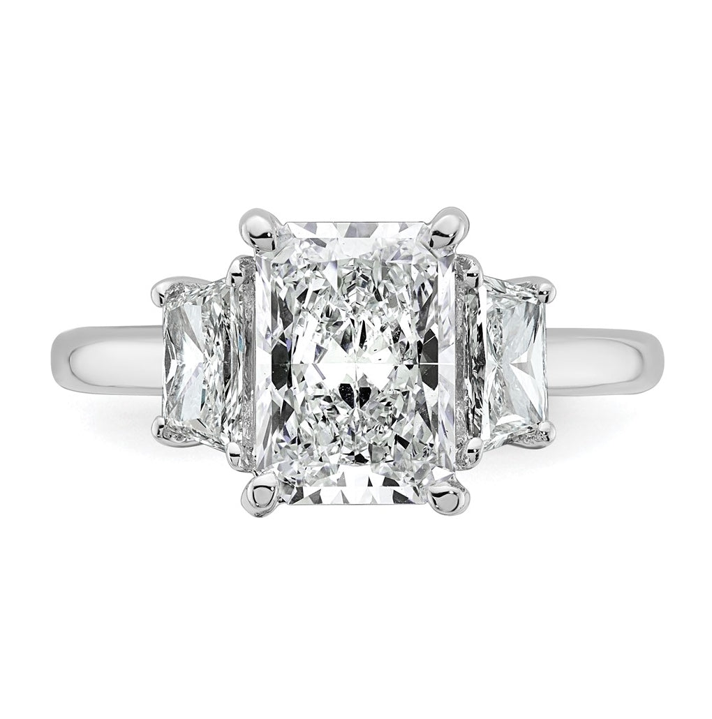 14k White Gold 3 1/3 carat Certified Lab Grown Diamond VS+ F+ Radiant and Trapezoid Complete Three Stone Engagement Ring