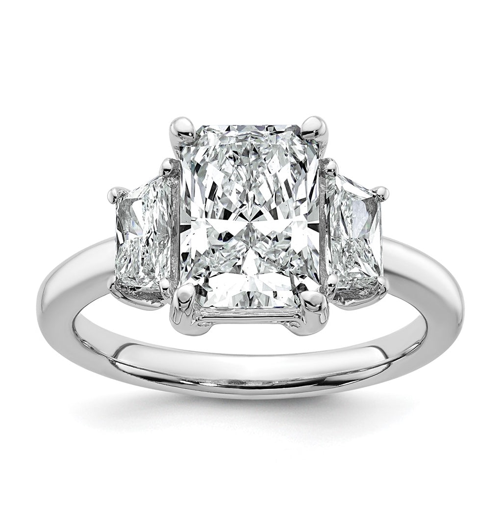 14k White Gold 3 1/3 carat Certified Lab Grown Diamond VS+ F+ Radiant and Trapezoid Complete Three Stone Engagement Ring