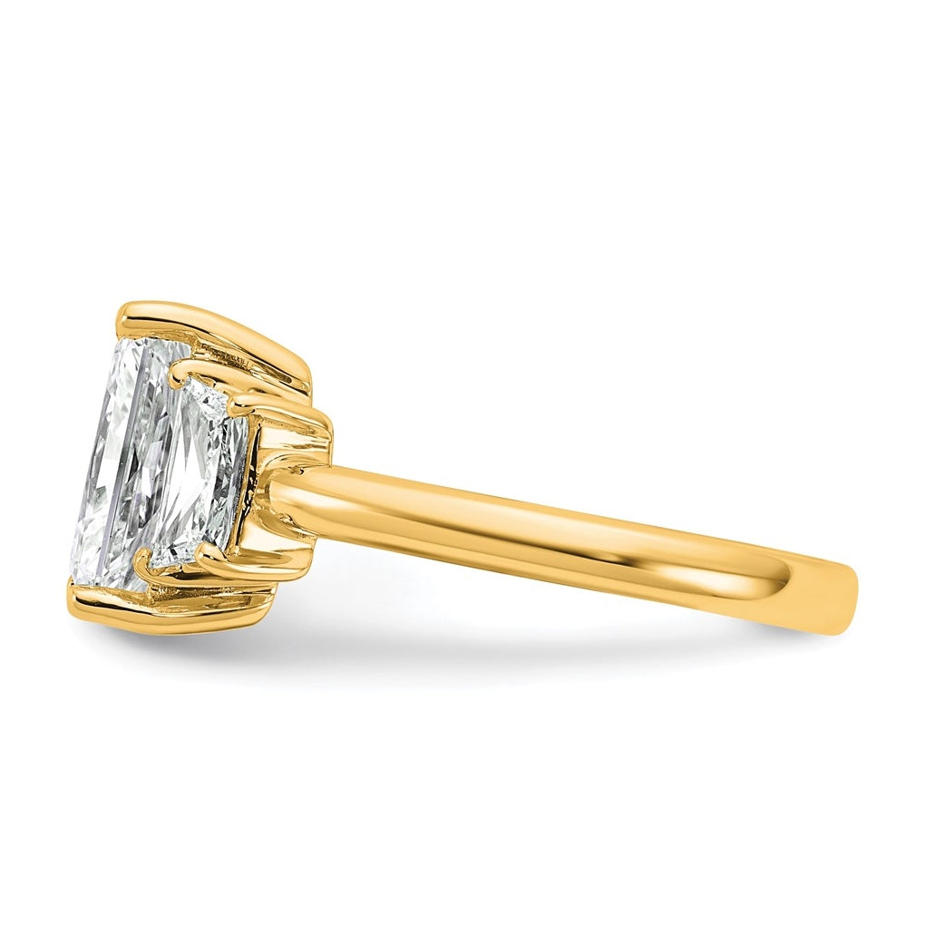 14k Yellow Gold 3 1/3 carat Certified Lab Grown Diamond VS+ F+ Radiant and Trapezoid Complete Three Stone Engagement Ring