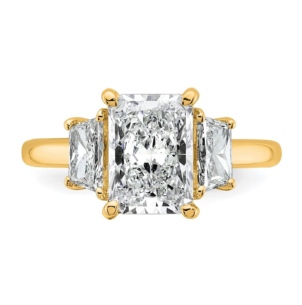 14k Yellow Gold 3 1/3 carat Certified Lab Grown Diamond VS+ F+ Radiant and Trapezoid Complete Three Stone Engagement Ring