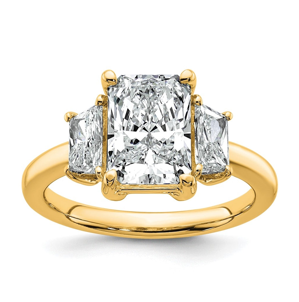 14k Yellow Gold 3 1/3 carat Certified Lab Grown Diamond VS+ F+ Radiant and Trapezoid Complete Three Stone Engagement Ring