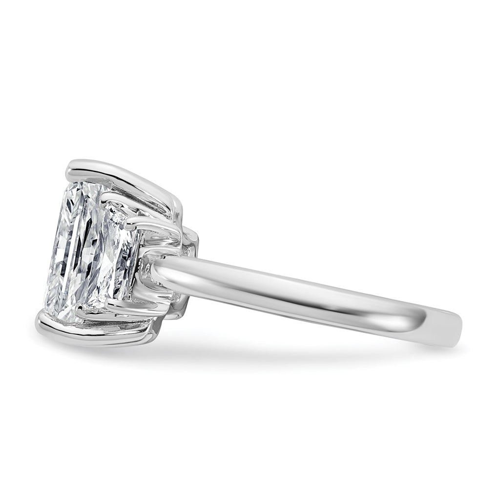 14k White Gold 4 carat Certified Lab Grown Diamond VS+ F+ Radiant and Trapezoid Complete Three Stone Engagement Ring