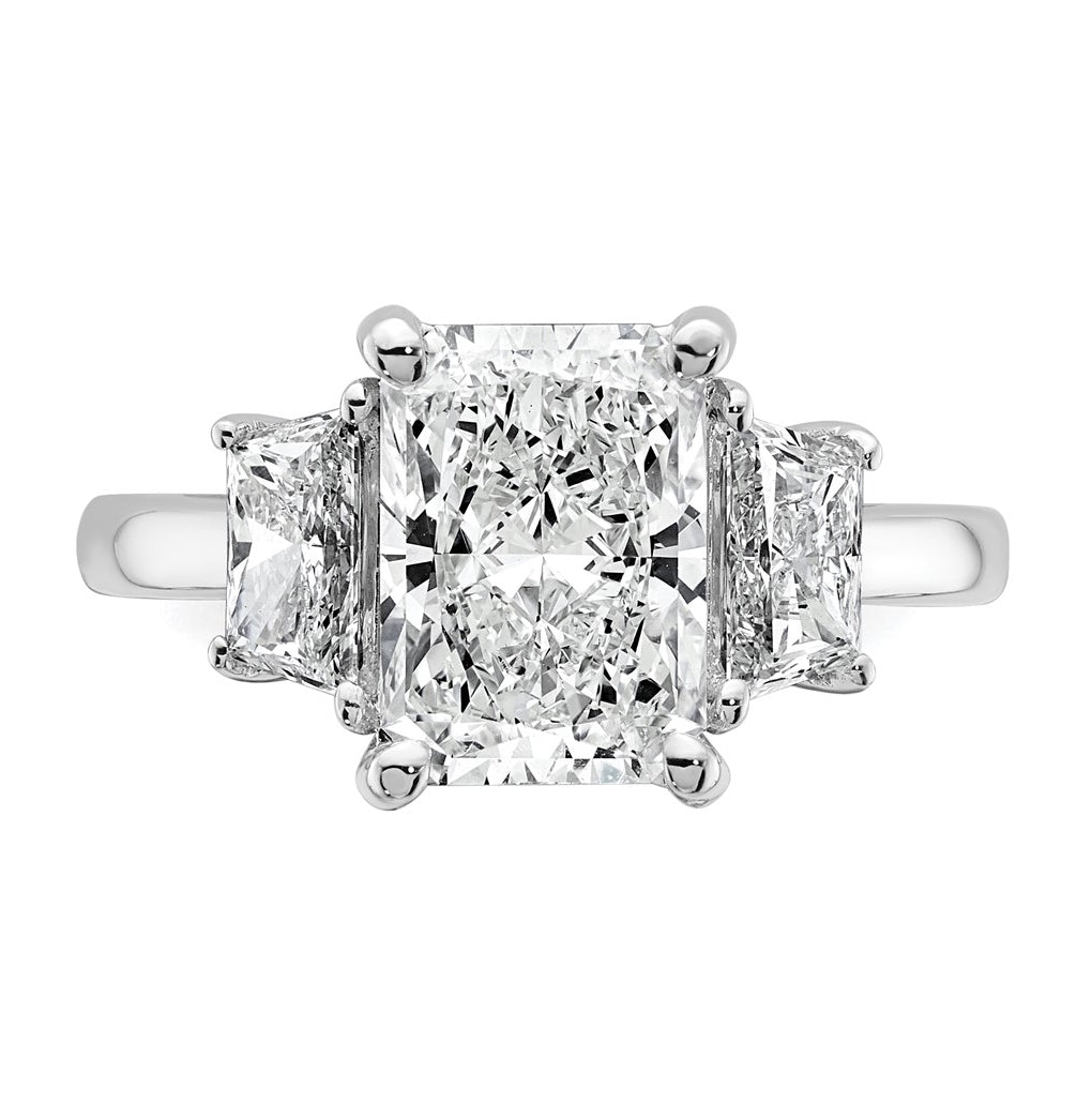14k White Gold 4 carat Certified Lab Grown Diamond VS+ F+ Radiant and Trapezoid Complete Three Stone Engagement Ring